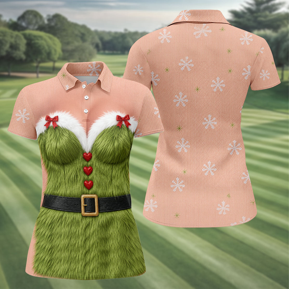 Green Furry Christmas Costume Polo Shirt, Women’s Sleeveless Golf Shirt, Ladies Golf Top