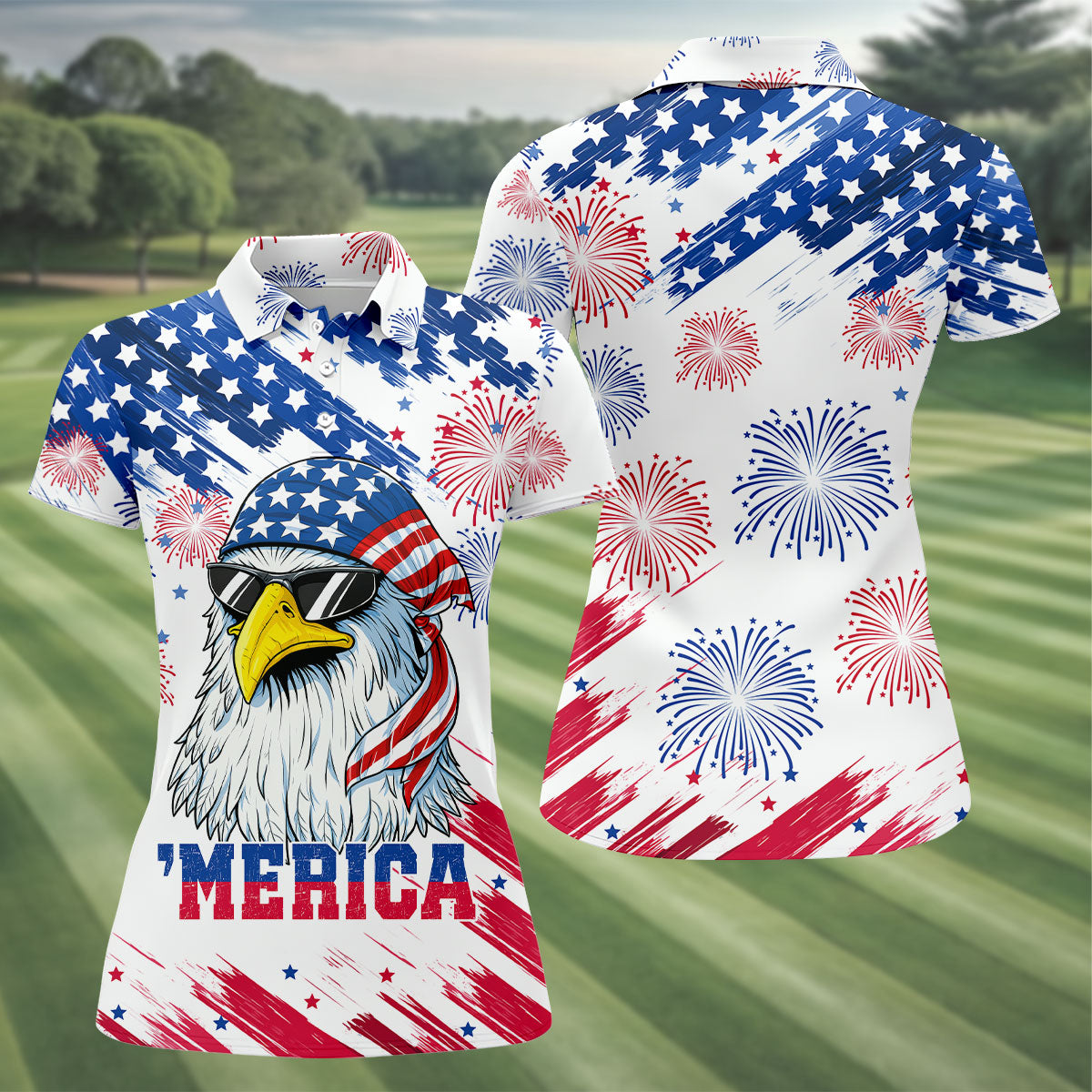 Cool Bald Eagle 4th Of July American Flag Pattern 4th Of July Women Golf Top, 250th Anniversary Patriotic Golf Shirt