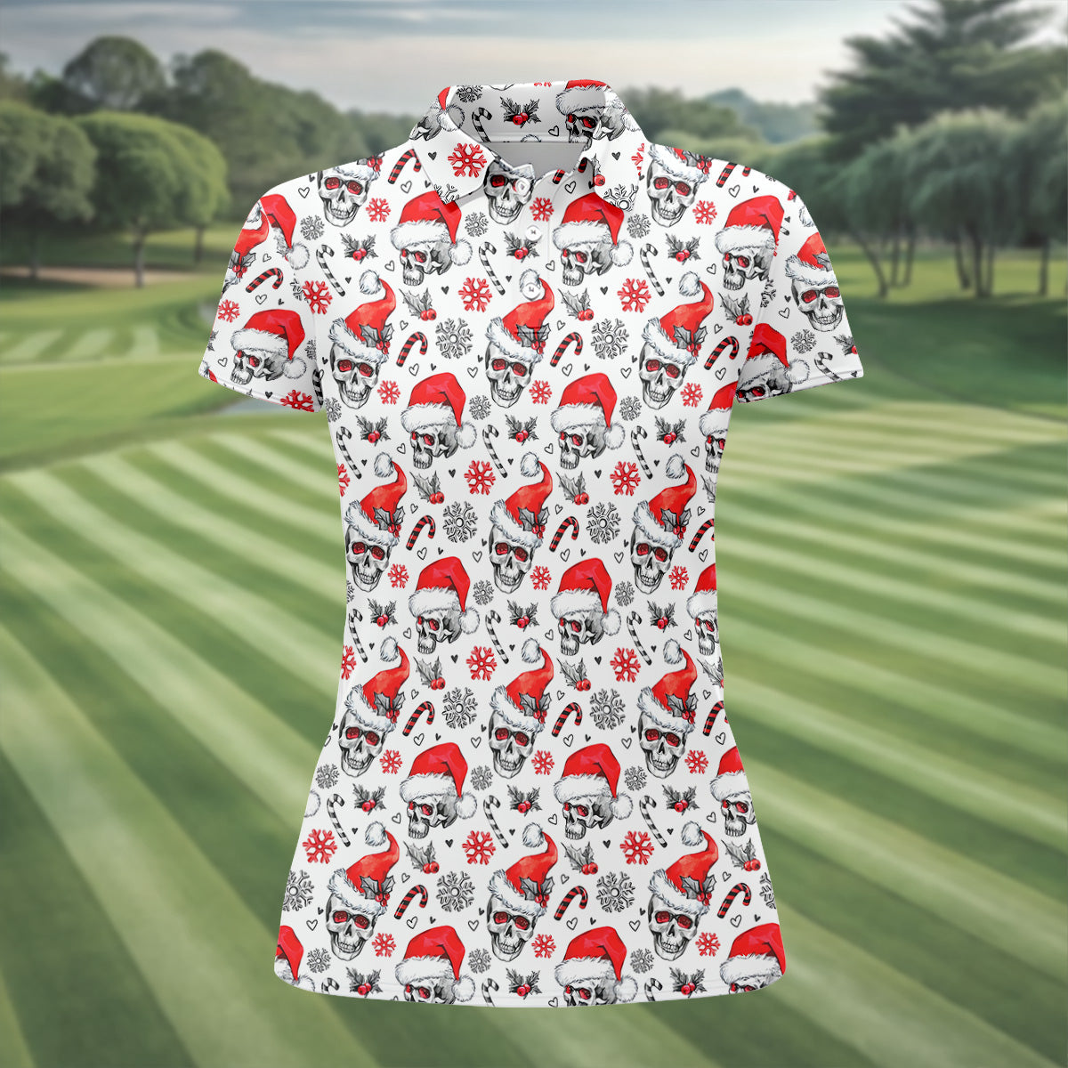 Skull Christmas Women's Golf Shirts, Funny Horror Ladies Golf Tops, Christmas Golf Shirt, Golfing Apparel