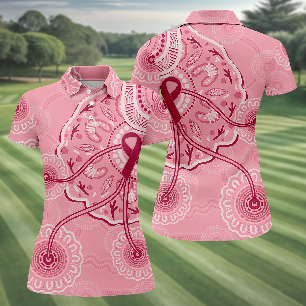 Australia Indigenous Pink Ribbon Women's Golf Shirt, Breast Cancer Awareness Shirt, Golf Shirts For Women