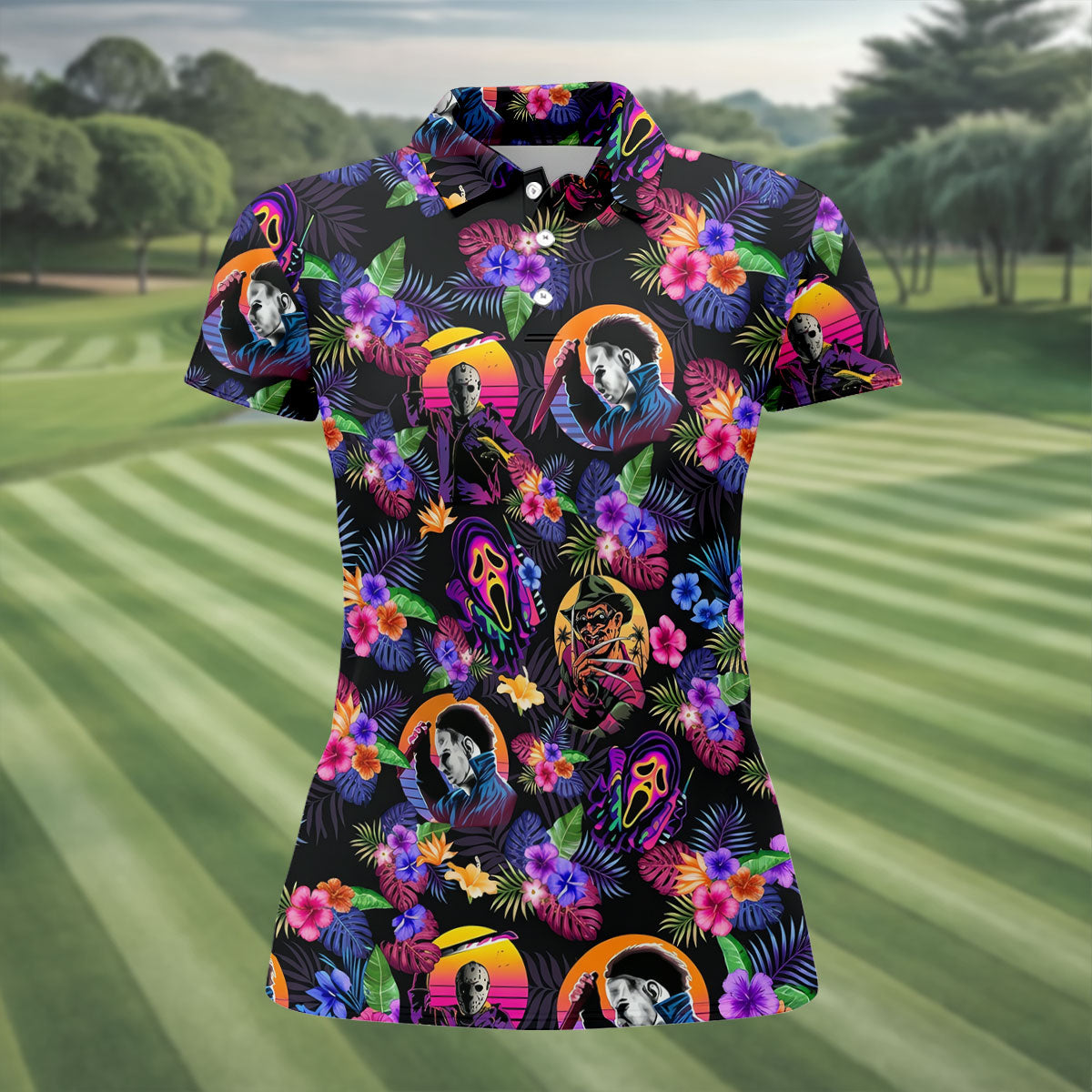 Retro Neon Horror Character Halloween Golf Shirt, Women’s Golf Polo, Printed Golf Shirt