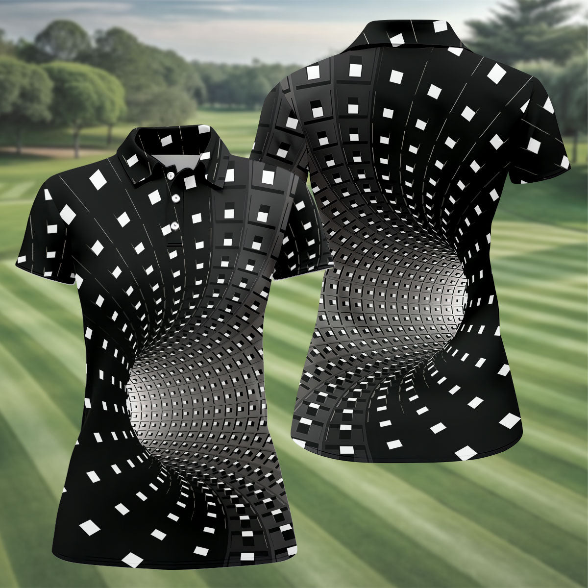 3D Vortex Golf Shirt, Black White Optical Illusion Tunnel Pattern, Golf Shirt For Women