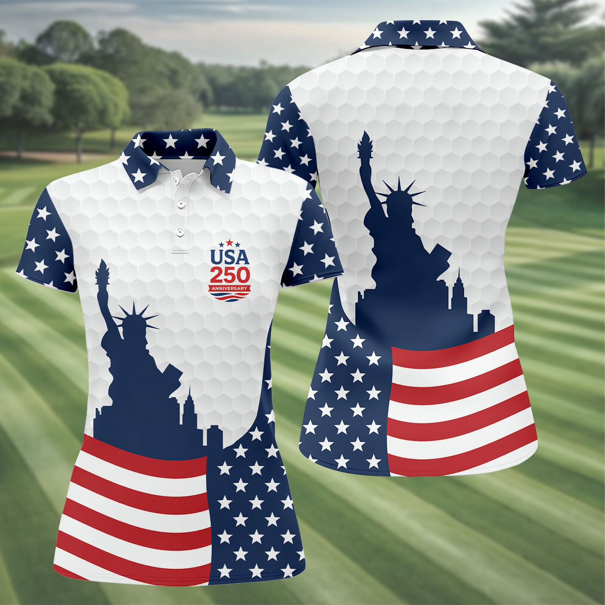 USA 250 Anniversary Silhouette Of Statue Of Liberty White Golf Shirt, 4th Of July Women's Golf Tops