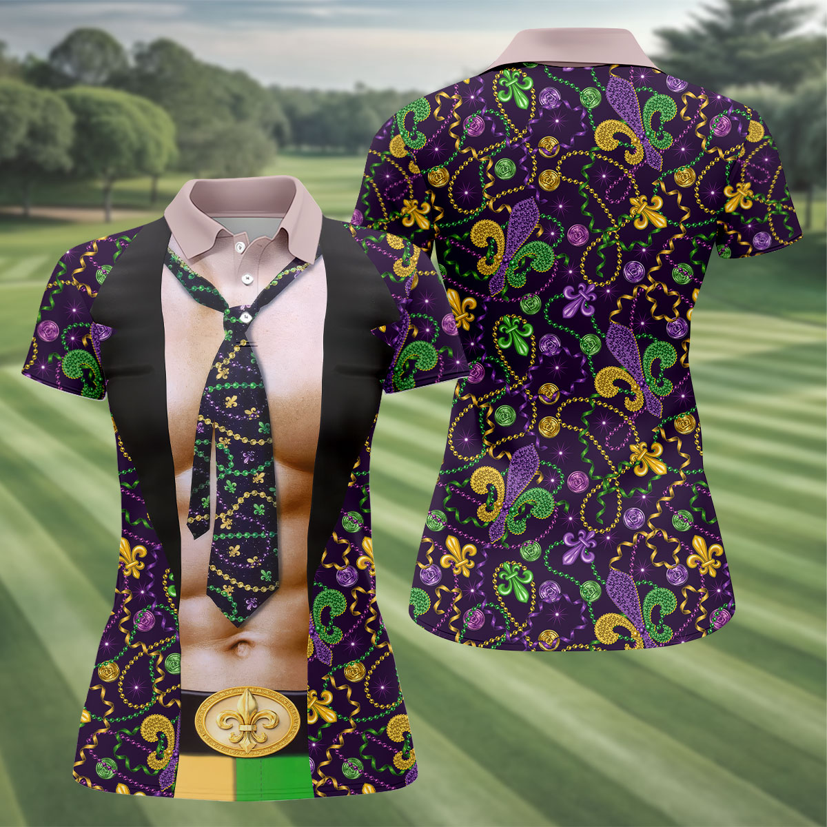 Mardi Gras Purple Green Gold Fleur De Lis Funny Costume Women's Golf Tops, Fun Women's Golf Shirts