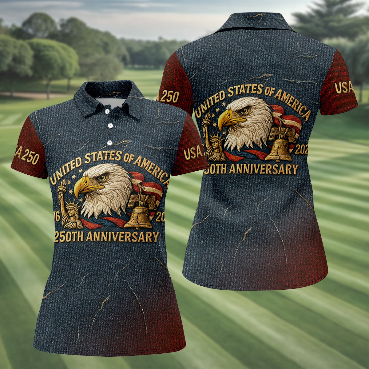 250th Anniversary American Flag And Eagle Denim Color Women's Golf Tops, Patriotic Golf Shirt, Ladies Golf Shirts