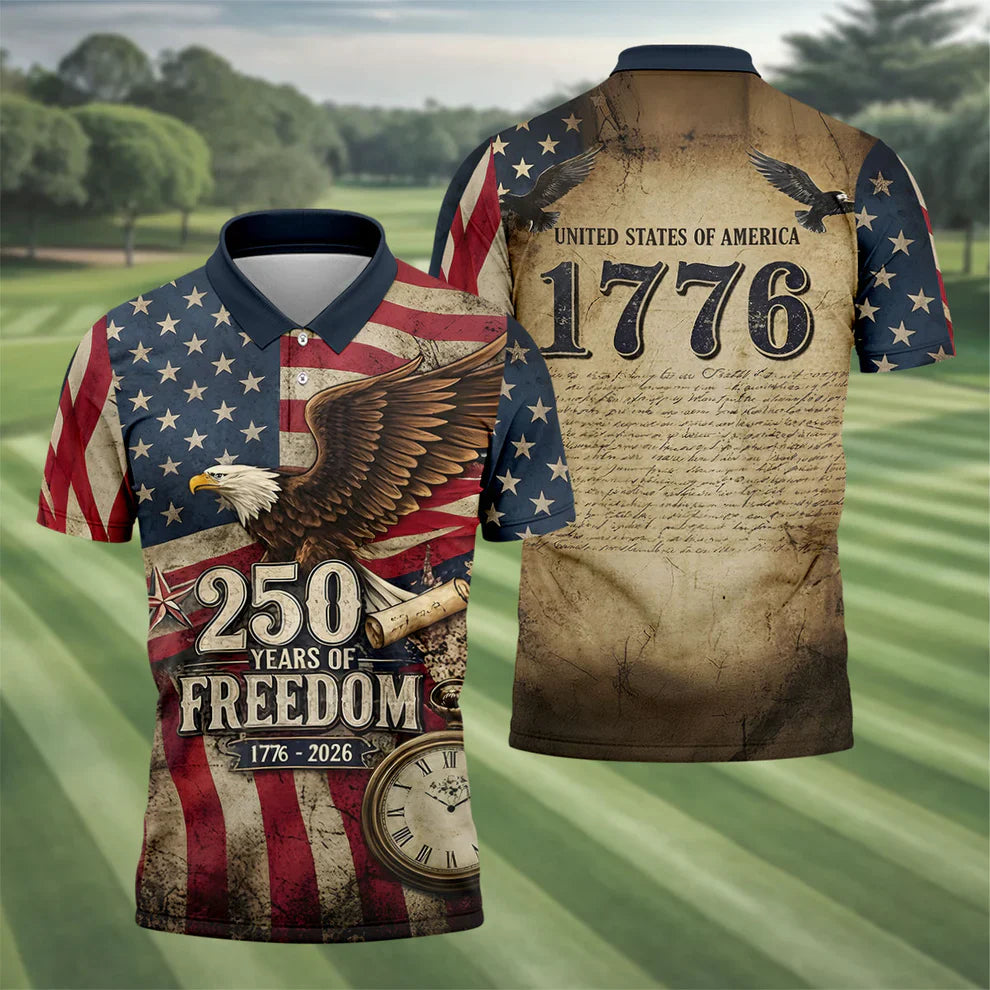 250 Years Of Freedom US Bald Eagle Retro US Flag Golf Tops For Men, Patriotic 4th Of July Golf Shirts For Men