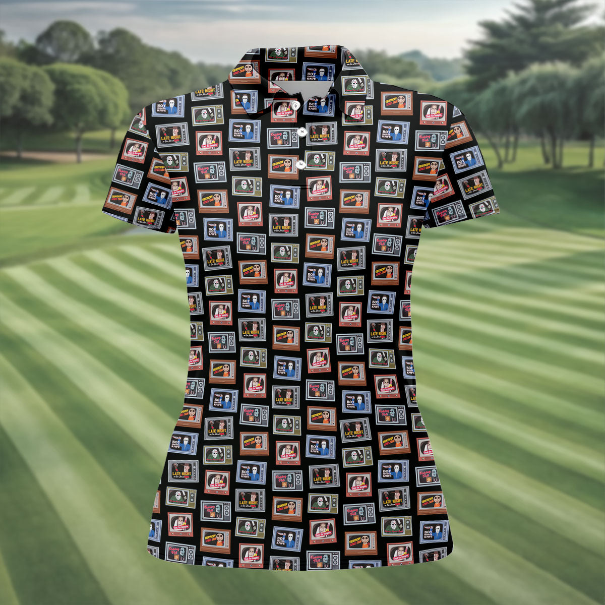 Horror Characters On Vintage TVs Halloween Polo Shirt, Women’s Golf Polo, Ladies Golf Top