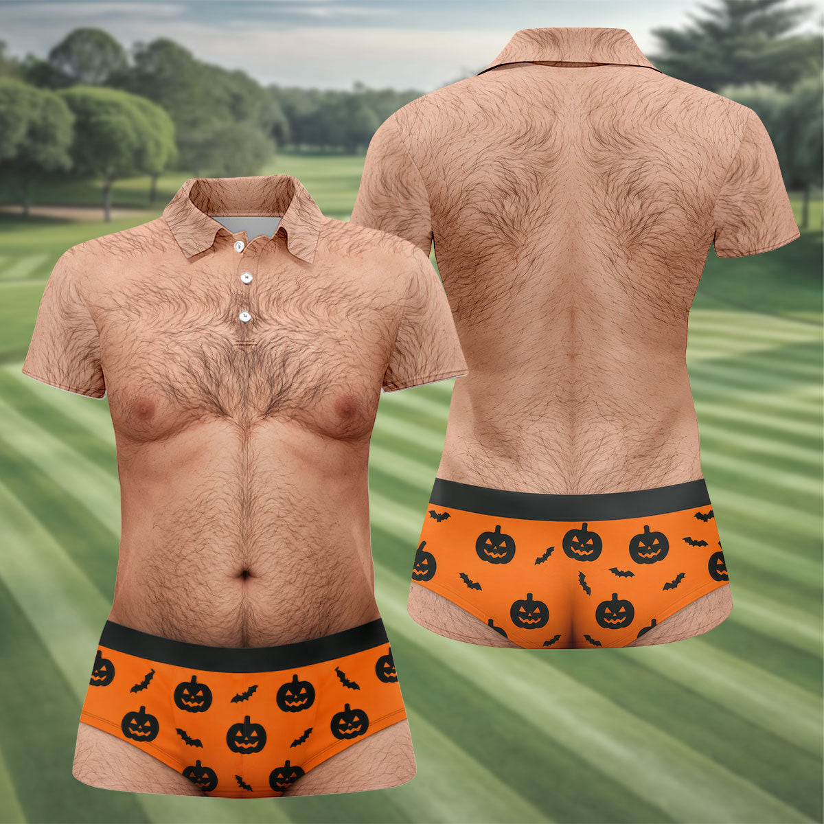 Funny Hairy Chest Halloween Costume Polo Shirt, Ladies Golf Shirts, Halloween Golf Shirt