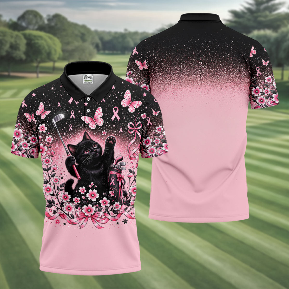 Black Cat Breast Cancer Ribbons Polo Shirt, Mens Golf Polo, Golf Apparel For Men