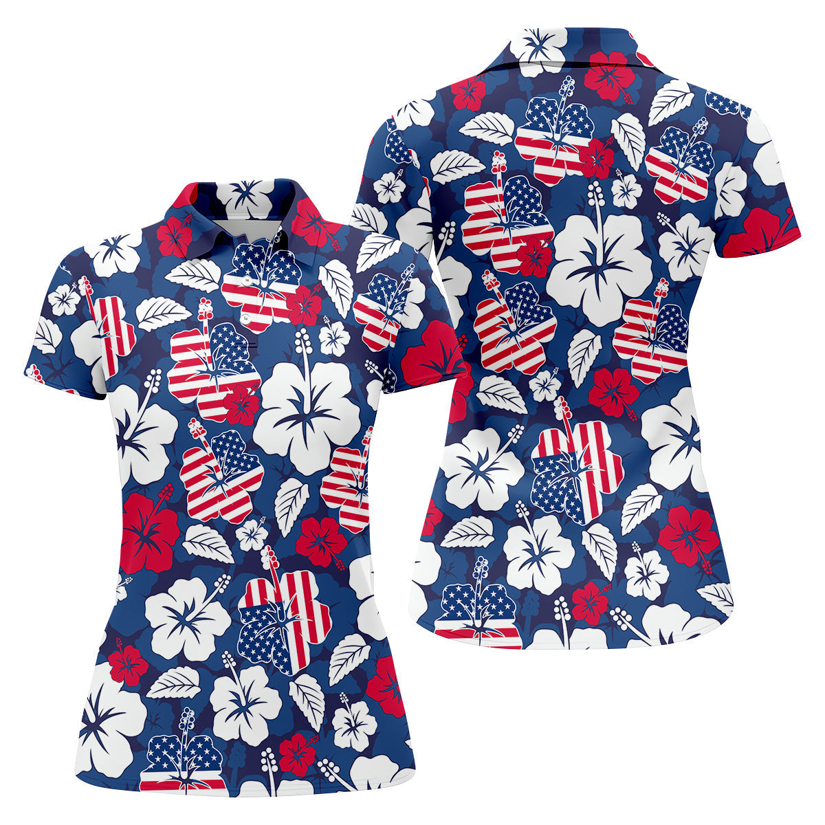 Tropical Hibiscus American Flag Womens Golf Polo Shirt4th Of July Shirts, US 250 Anniversary Ladies Golf Shirt