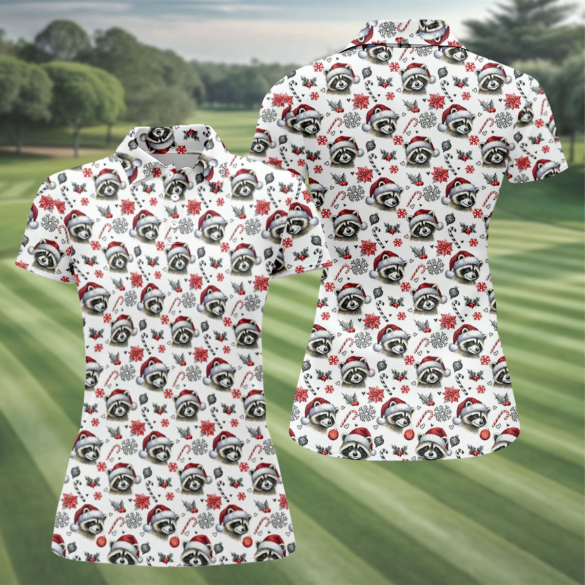 Christmas Raccoon Santa Hat Golf Polo Shirt, Women’s Golf Polo, Golf Tops For Women