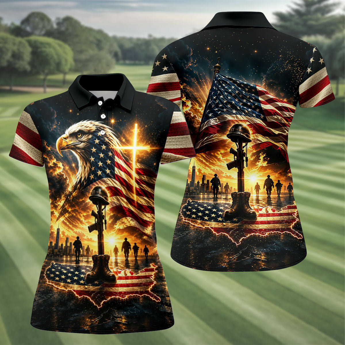 Eagle Cross Soldier Memorial Golf Polo Shirt, Womens Golf Tops, Veterans Day Shirt