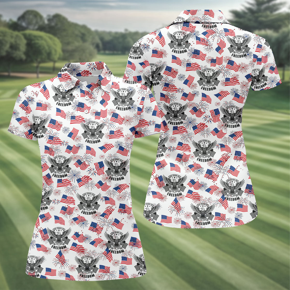 250 Years Of Freedom Festive Flag Vintage White Golf Shirt, Patriotic 4th Of July Golf Shirt For Women