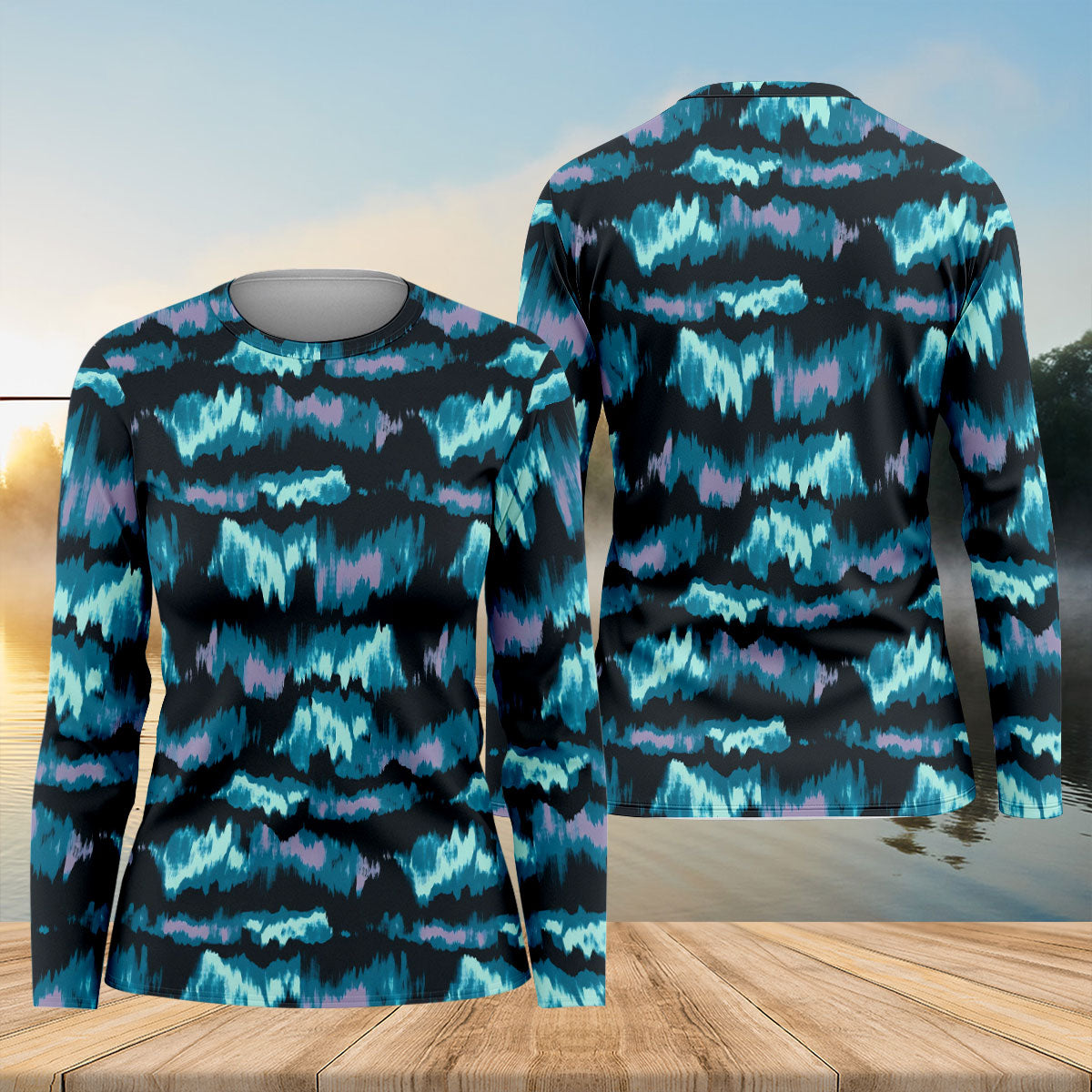 Blue Ikat Pattern Fishing UPF Shirts, Women Fishing Shirt, Fisherwomen SPF Long Sleeve Shirts