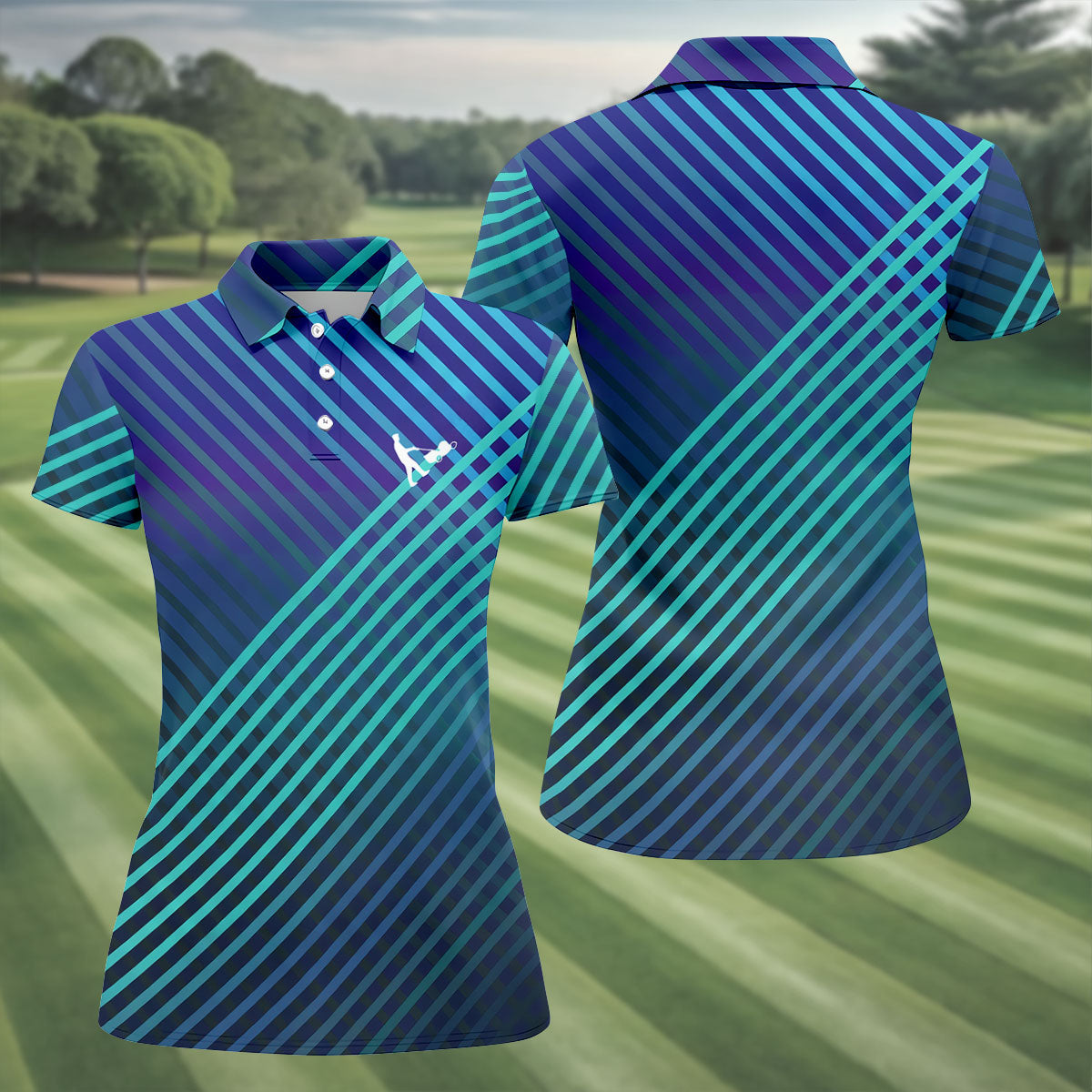 Teal And Purple Striped Pattern Women's Golf Tops, Performance Golf Shirt, Ladies Golf Shirts
