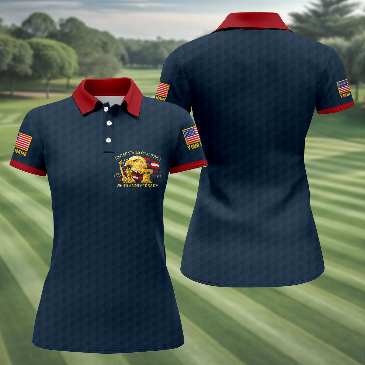 United States 250th Anniversary Patriotic Eagle Navy Custom Golf Shirts, 4th Of July Golf Shirt For Women