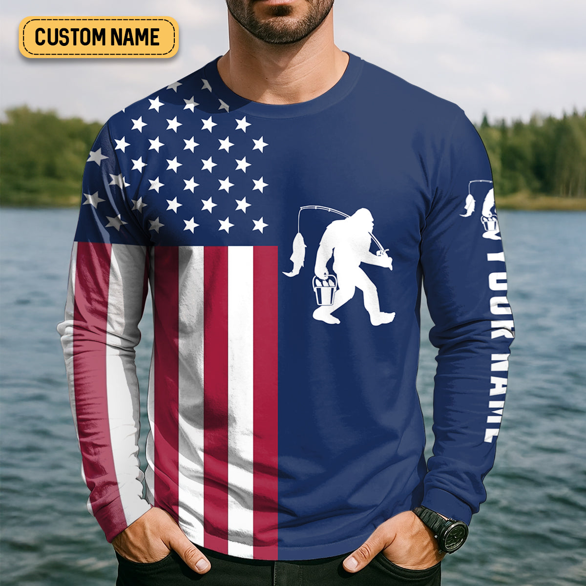 Bigfoot American Flag Patriotic Fishing Shirt, SPF Shirt For Men, Gift For Fisherman, Fishing Shirts For Men
