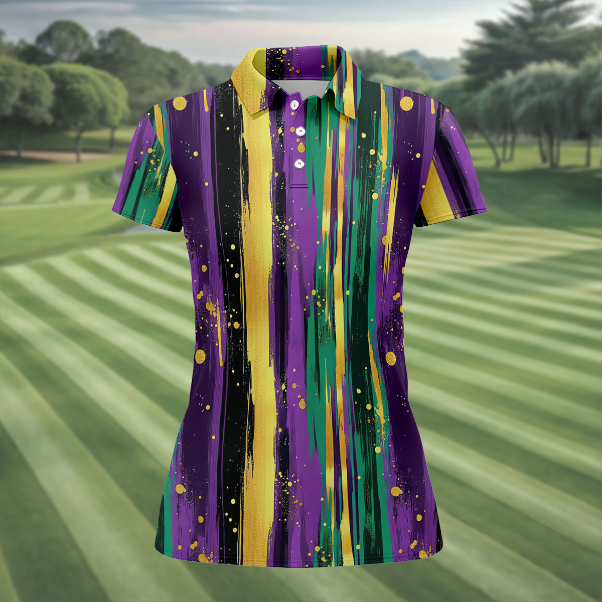 Green Purple Gold Splatter Effect Mardi Gras Golf Shirt, Women's Golf Tops, Ladies Golf Polos
