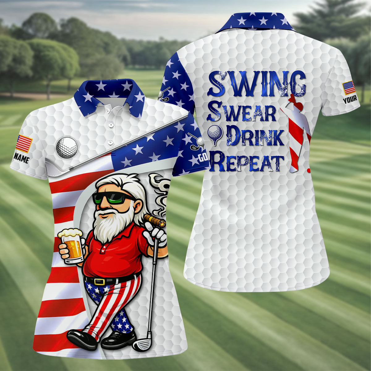 Swing Swear Drink Repeat Golf And Beer Patriotic Man 4th Of July White Golf Shirt, 250 Years Women's Golf Tops