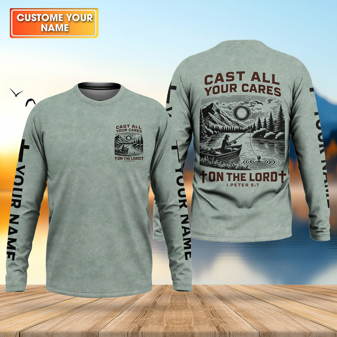 Cast All Your Cares On The Lord Faith Cross Fishing UPF Shirts, Christian Fishing Shirts For Men