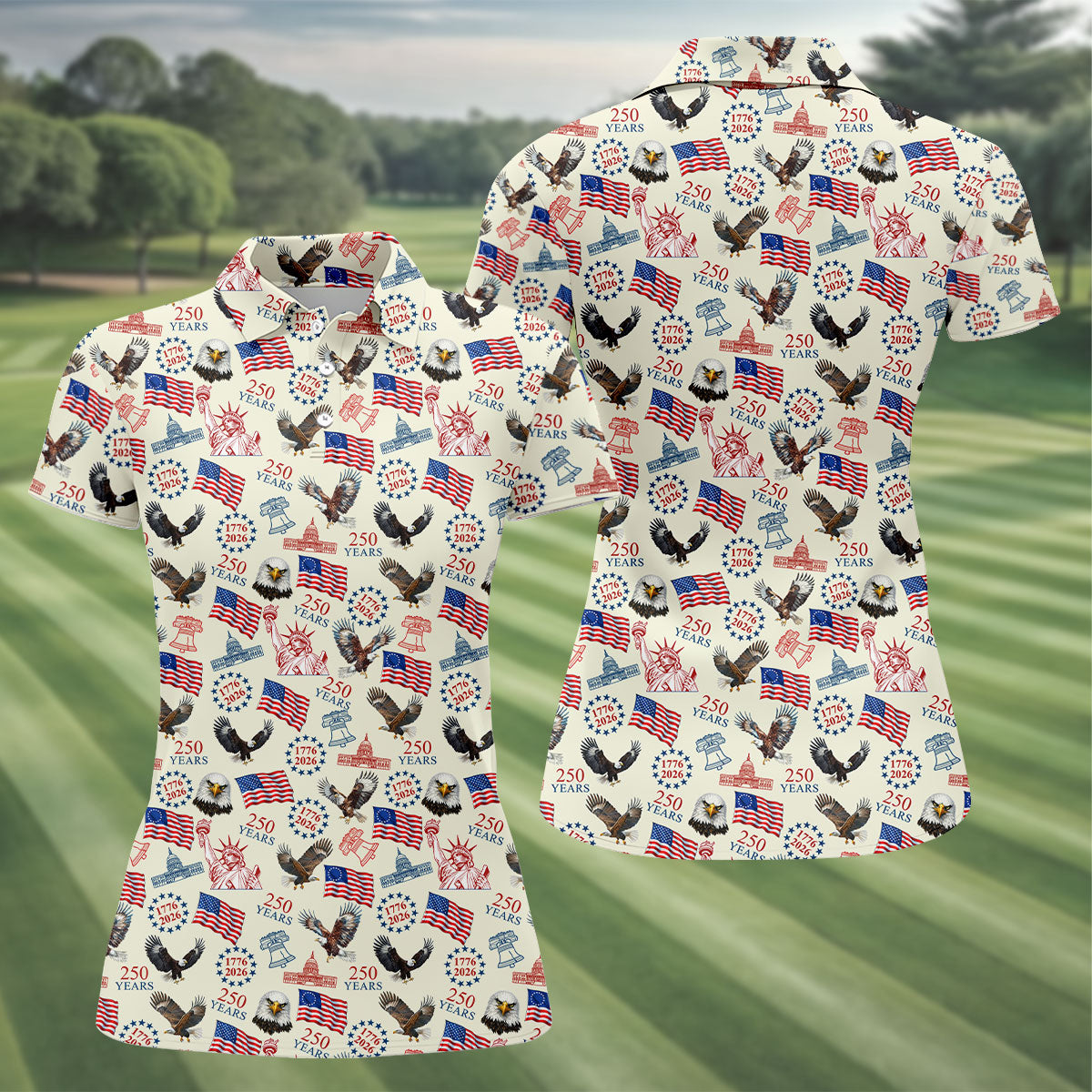 250 Years American Symbol Patriotic Pattern Beige Golf Shirt, 4th Of July Golf Shirt, Golf Shirt For Women