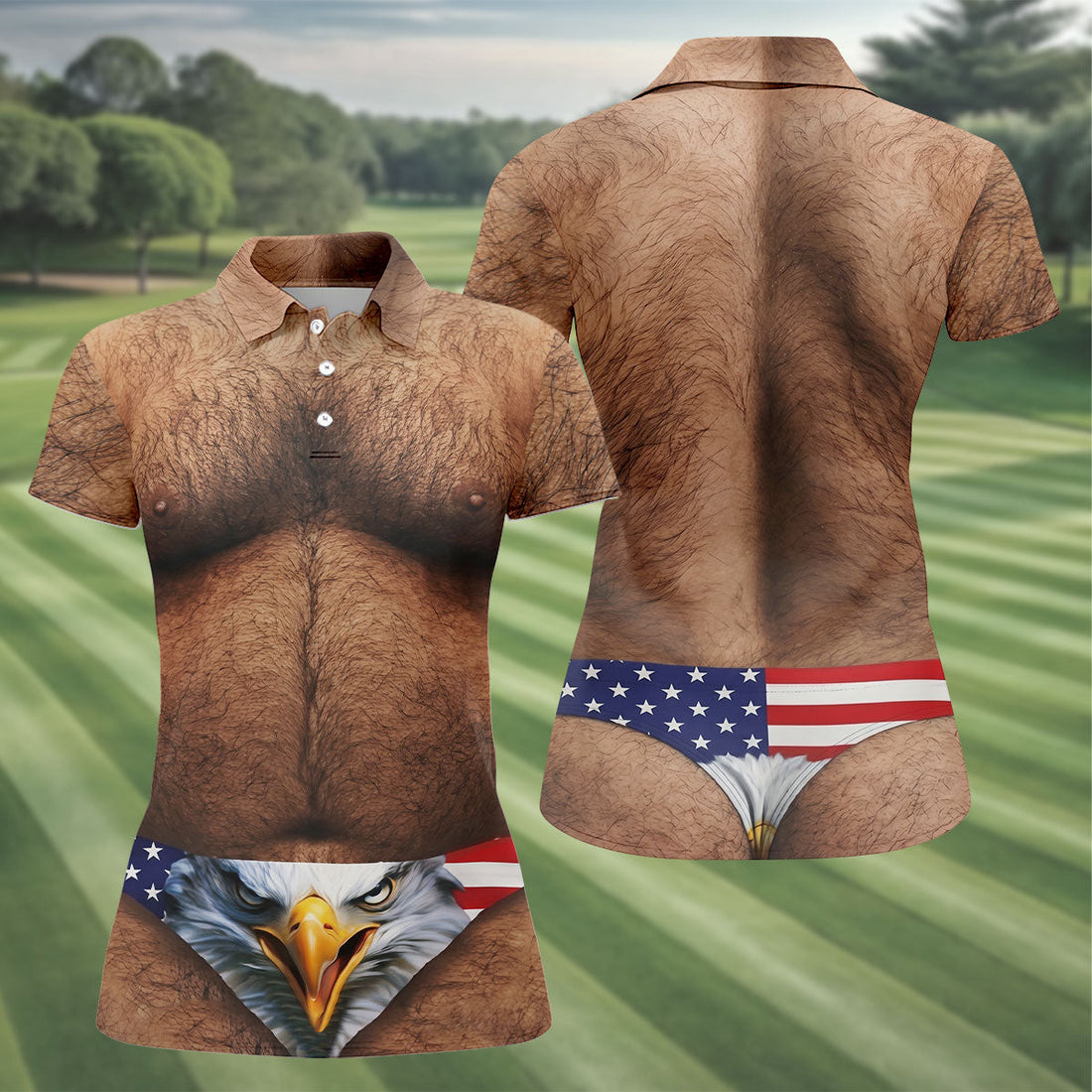 Hairy Body Funny Eagle American Flag Women Golf Shirt, 250th Anniversary 4th Of July Ladies Golf Shirt