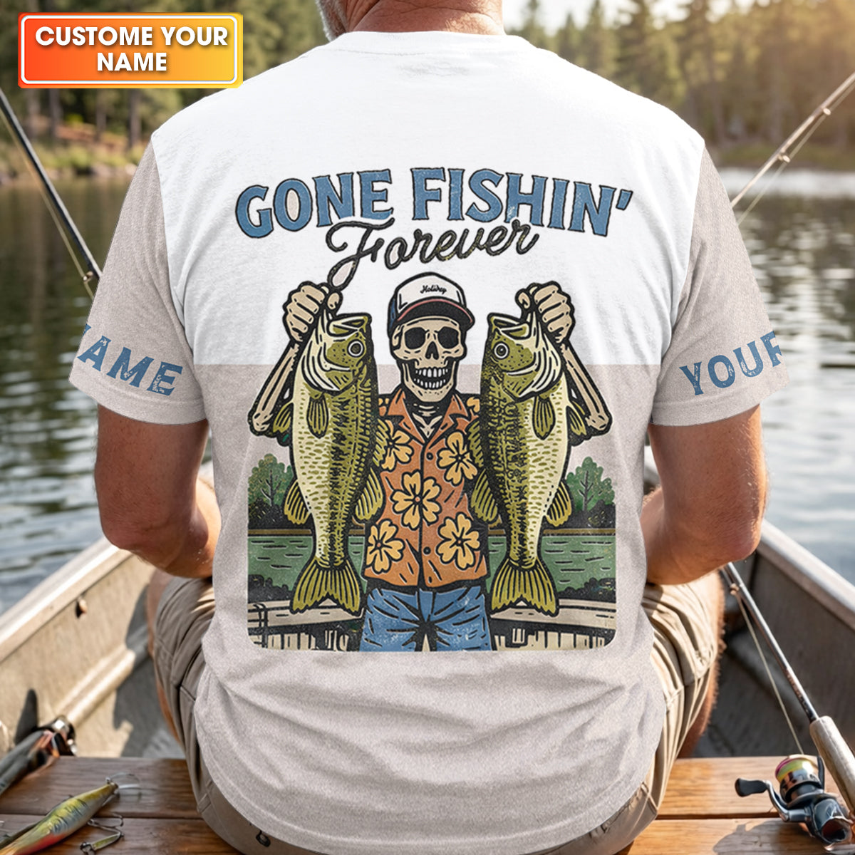 Gone Fishing Forever Funny Skeleton Largemouth Bass Fishing UPF Shirts, Fishing Shirts For Men