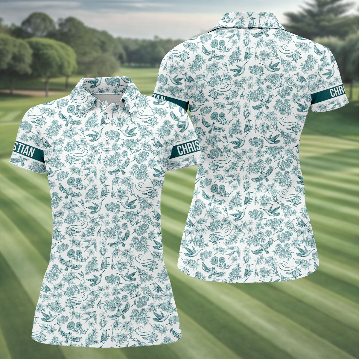 Custom Name Toile de Jouy Birds And Flowers Teal And White Women Golf Top, Ladies Golf Polos