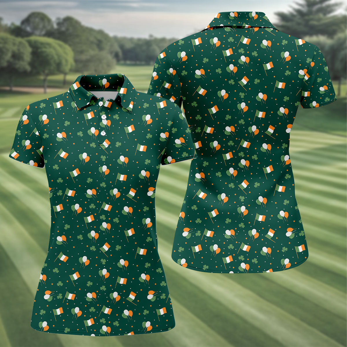 Blue White Orange Confetti Balloons Irish Flag St Patrick's Day Golf Shirt, Women's Golf Tops, Ladies Golf Shirts