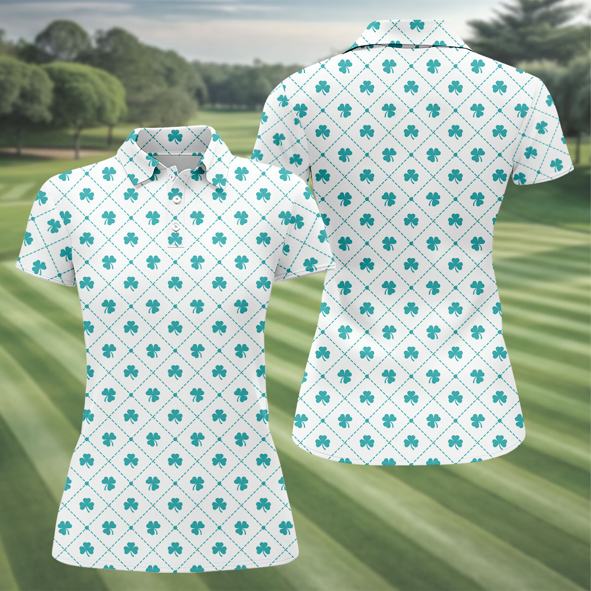 Grid Pattern Shamrock Golf Shirt, St Patrick's Day Women's Golf Tops, Ladies Golf Polos, Golf Shirt For Women