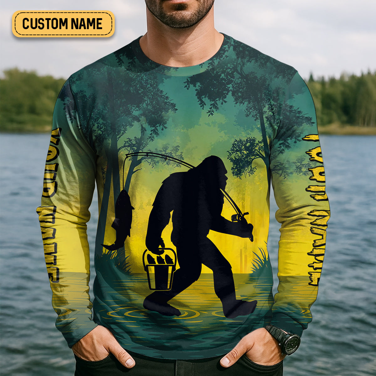 Gone Squatchin And Catching Yellow Forest Bigfoot Fishing UPF Shirts, Funny Fishing Shirt, Fishing Gifts For Men