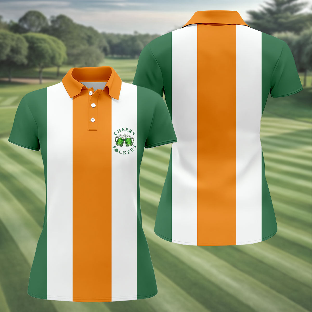 Green Orange White Vertical Stripes St Patrick's Day Golf Shirt, Women's Golf Tops, Ladies Golf Shirts