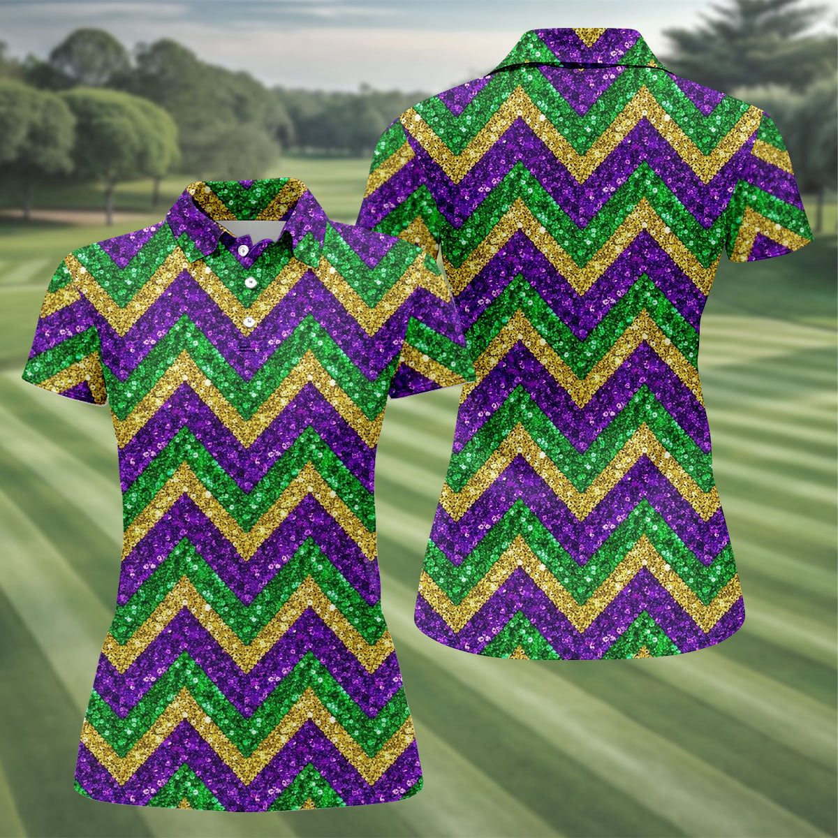 Mardi Gras Purple Gold Green Zigzag Pattern Glitter Print Women's Golf Tops, Women's Golf Shirts, Ladies Golf Polos