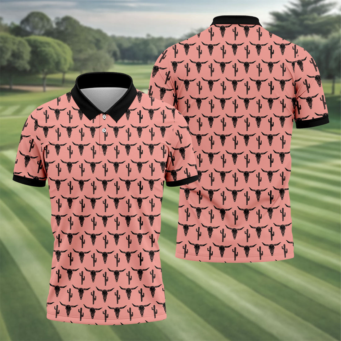 Longhorn Cow Skull Western Theme Peach Pink Golf Tops For Men, Polo ShirtFor Men, Golf Shirts For Men
