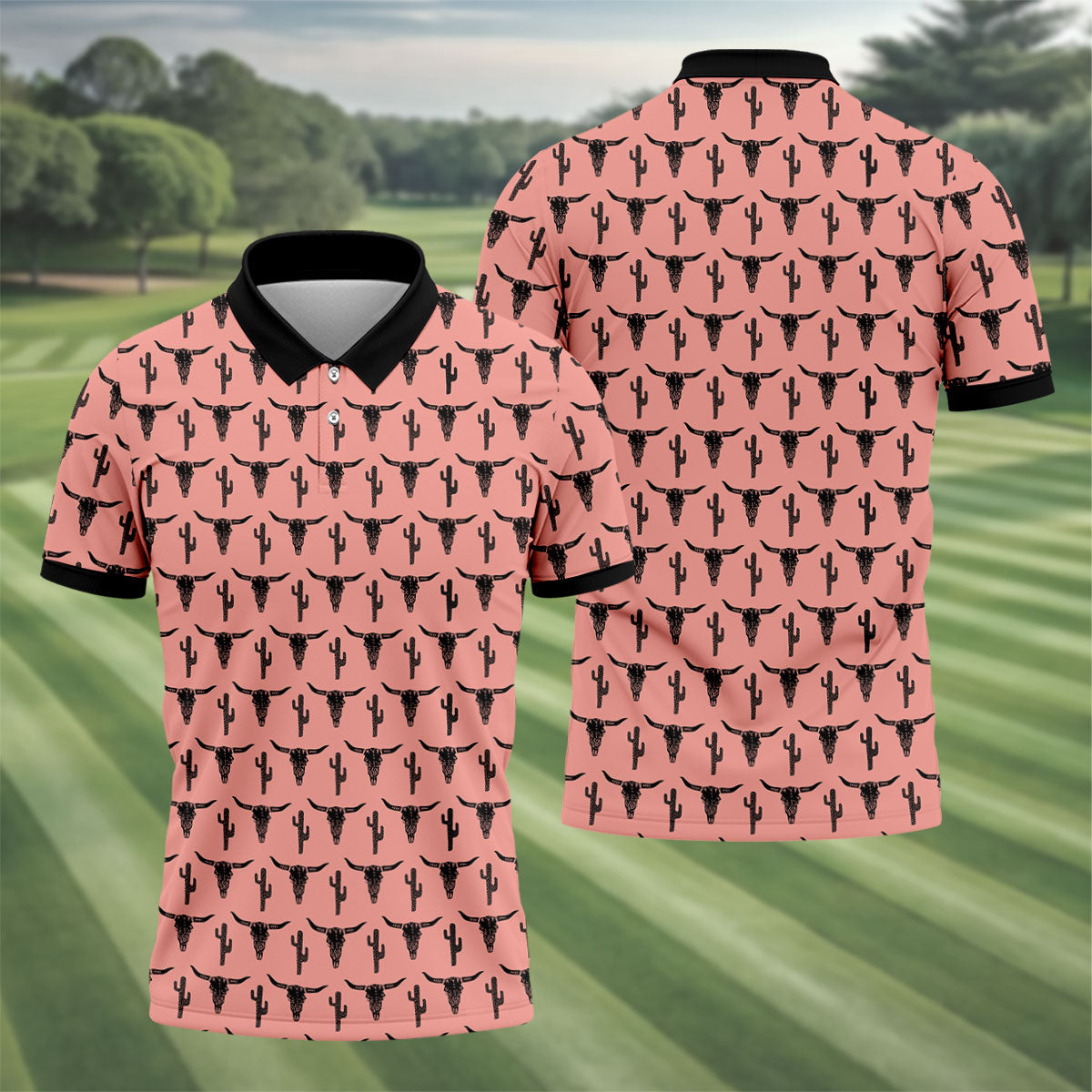 Longhorn Cow Skull Western Theme Peach Pink Golf Tops For Men, Polo ShirtFor Men, Golf Shirts For Men