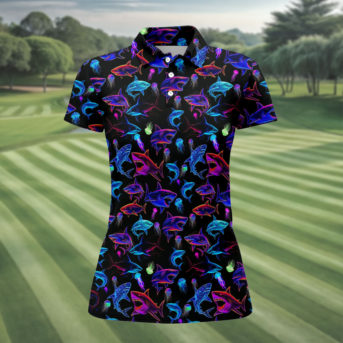 Neon Shark Funny Golf Shirt, Golf Shirt For Women, Ladies Golf Shirts, Women's Polo Shirt