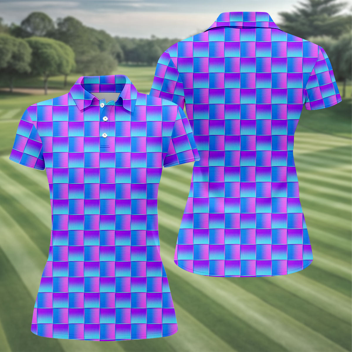 Purple Blue Gradient Checkered Pattern Golf Shirt, Ladies Golf Shirts, Women’s Golf Apparel, Printed Golf Shirt