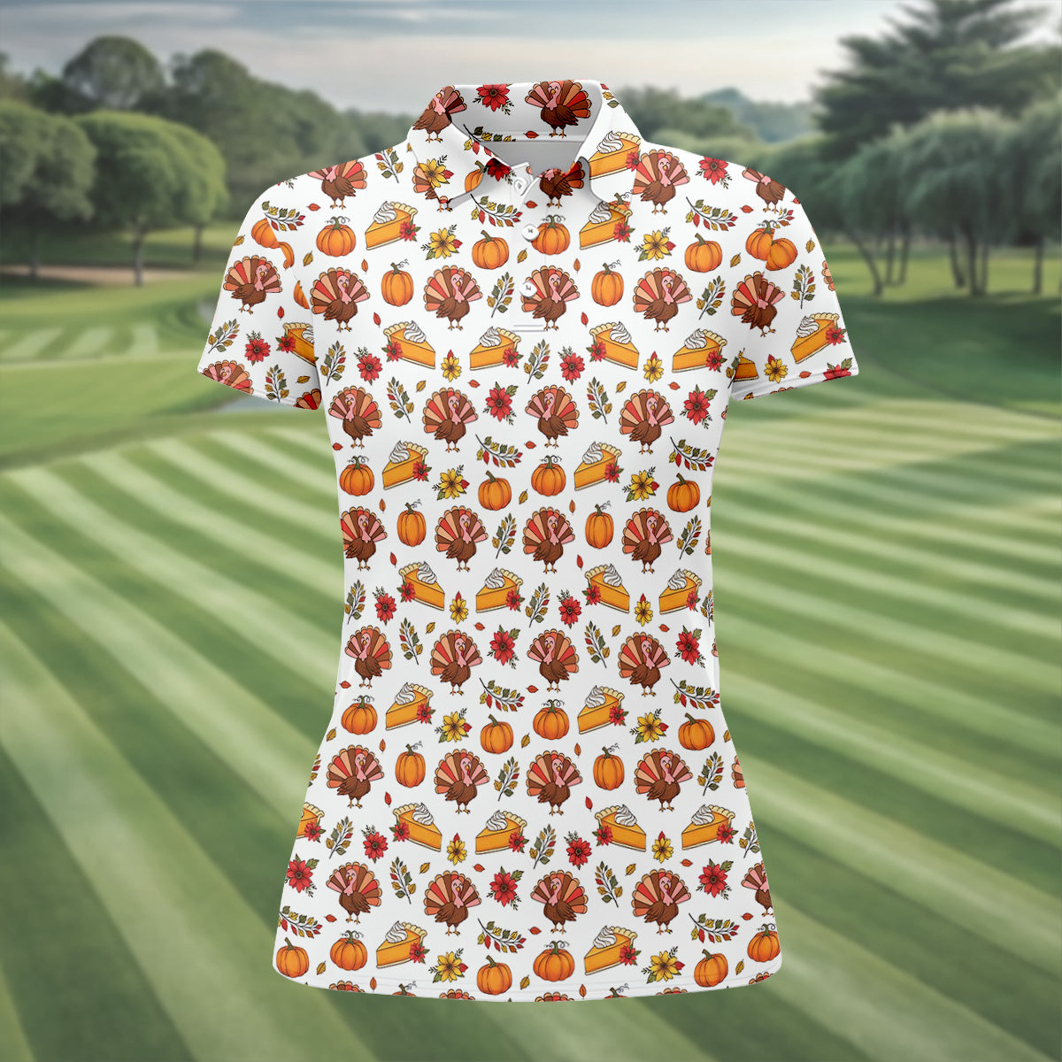 Cute Thanksgiving Turkey Pumpkin Pie Women's Golf Tops, Thanksgiving Golf Gift For Ladies, White Polo Women