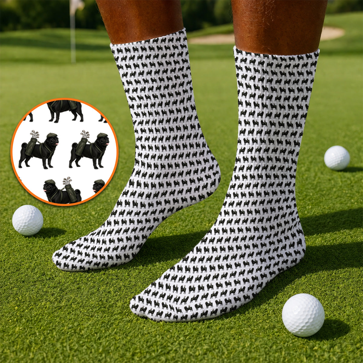 Black Pug Pattern Golf Socks, Funny Pug Golf Sock, Golf Gift For Golfer