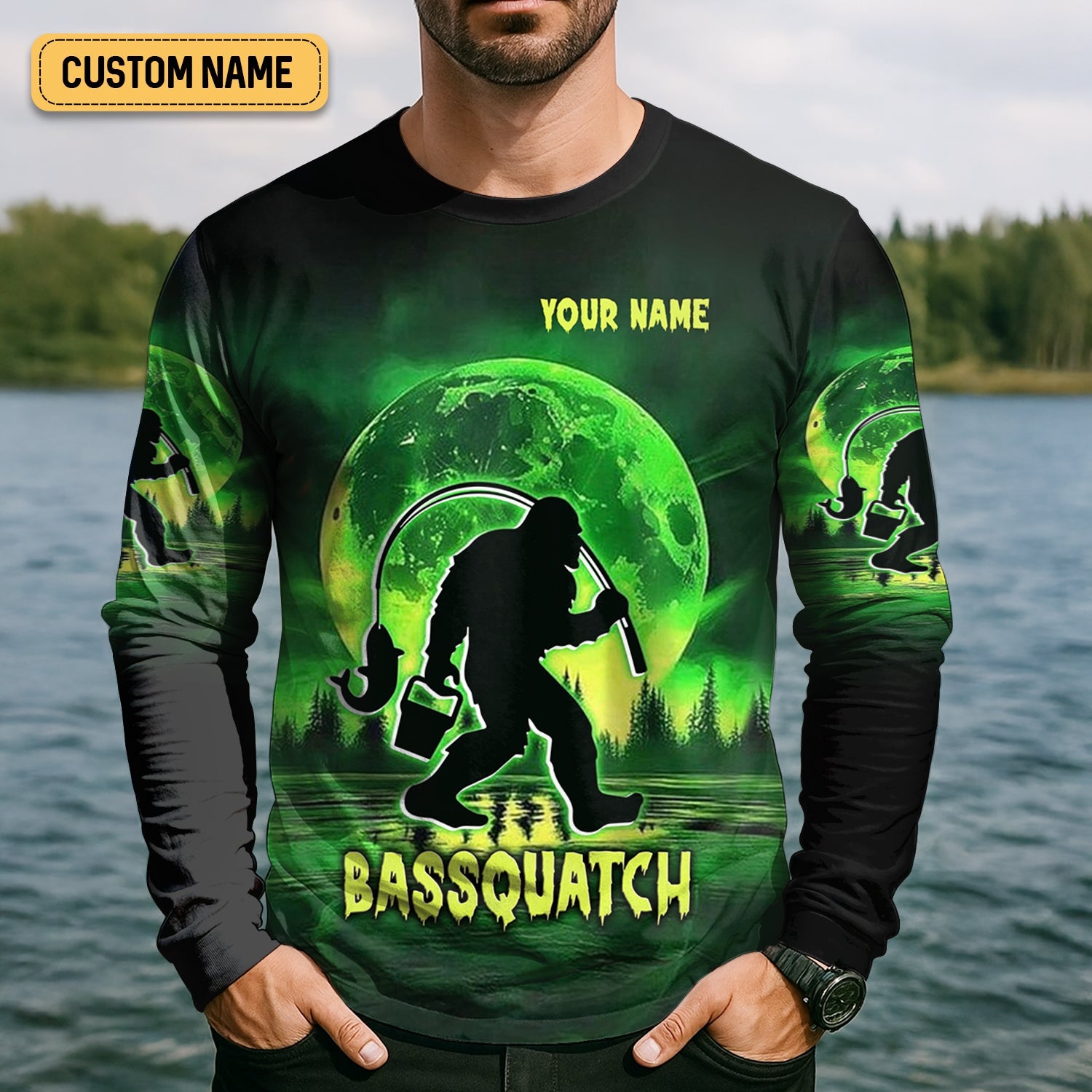 Bassquatch Green Neon Bigfoot Fishing Shirt, SPF Shirt For Men, Gift For Fisherman, Bass Fishing