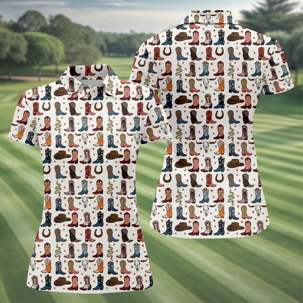 Western Cowboy Boots Horseshoes Pattern Retro Golf Shirt, Ladies Golf Polos, Golf Shirt For Women