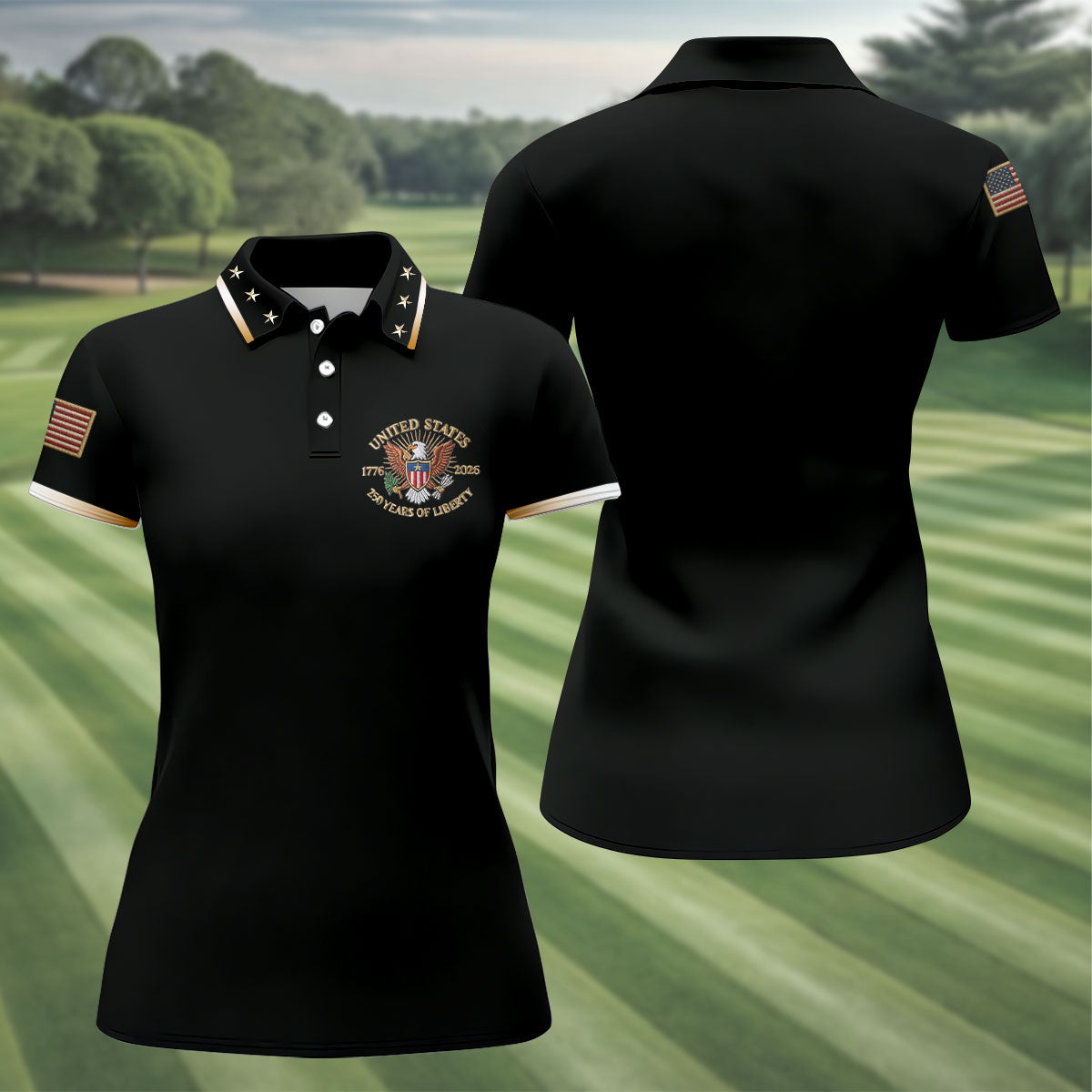 US 1776-2026 250 Years Of Liberty Black Patriotic Golf Shirt, 4th Of July Golf Shirt For Women