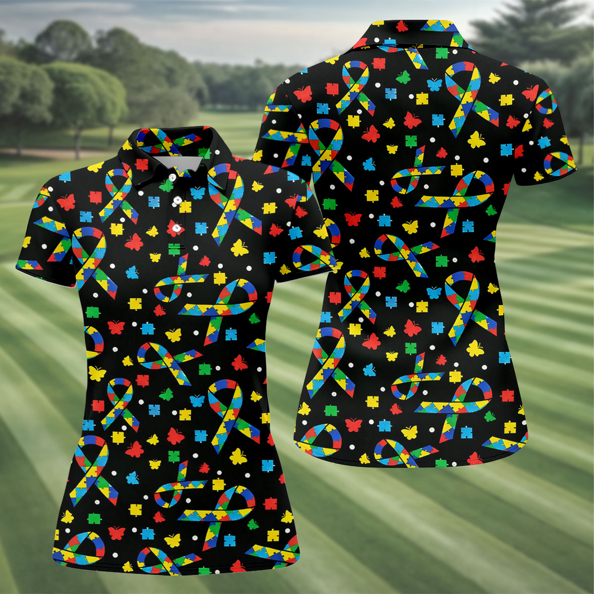 Autism Awareness Ribbon Colorful Butterflies Black Golf Shirt, Golf Shirt For Women, Ladies Golf Shirts