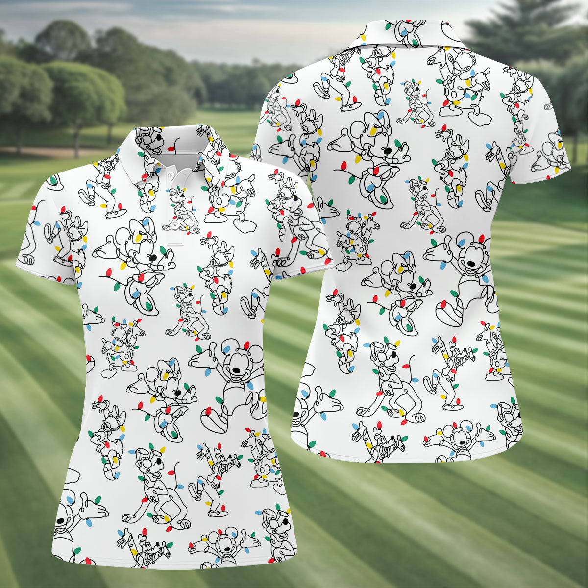 Happy Cartoon Characters Xmas Golf Shirt, Women's Golf Shirts, Golf Gifts For Women, Christmas Golf Shirt