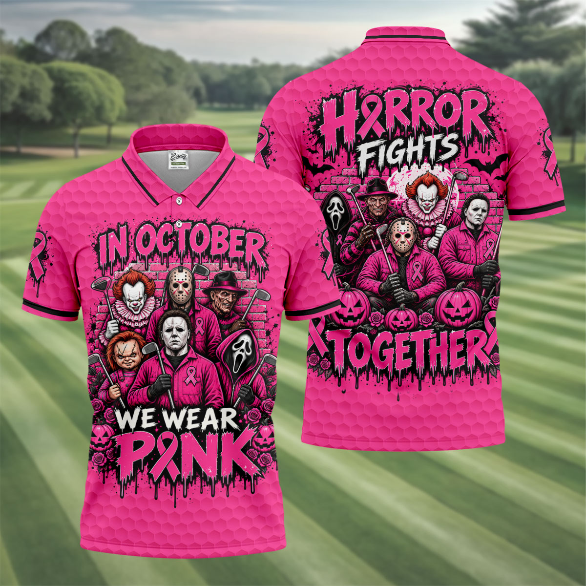 Horror Fights Together Pink Ribbon Polo Shirt, Golf Shirts For Men, Polo Shirts For Men