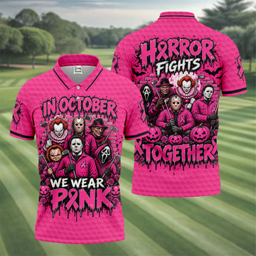Horror Fights Together Pink Ribbon Polo Shirt, Golf Shirts For Men, Polo Shirts For Men