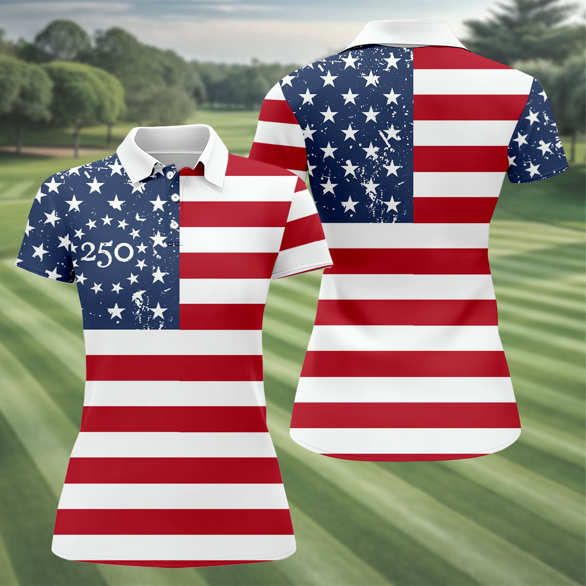 USA Flag Pattern Vintage Golf Shirt, 250th Anniversary Patriotic Golf Shirt, 4th Of July Women's Golf Tops