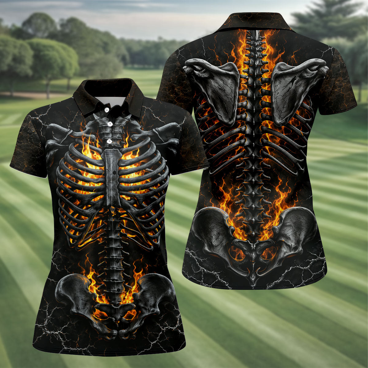 Burning Skeleton Rib Cage Halloween Polo Shirt, Womens Golf Tops, Ladies Golf Shirts