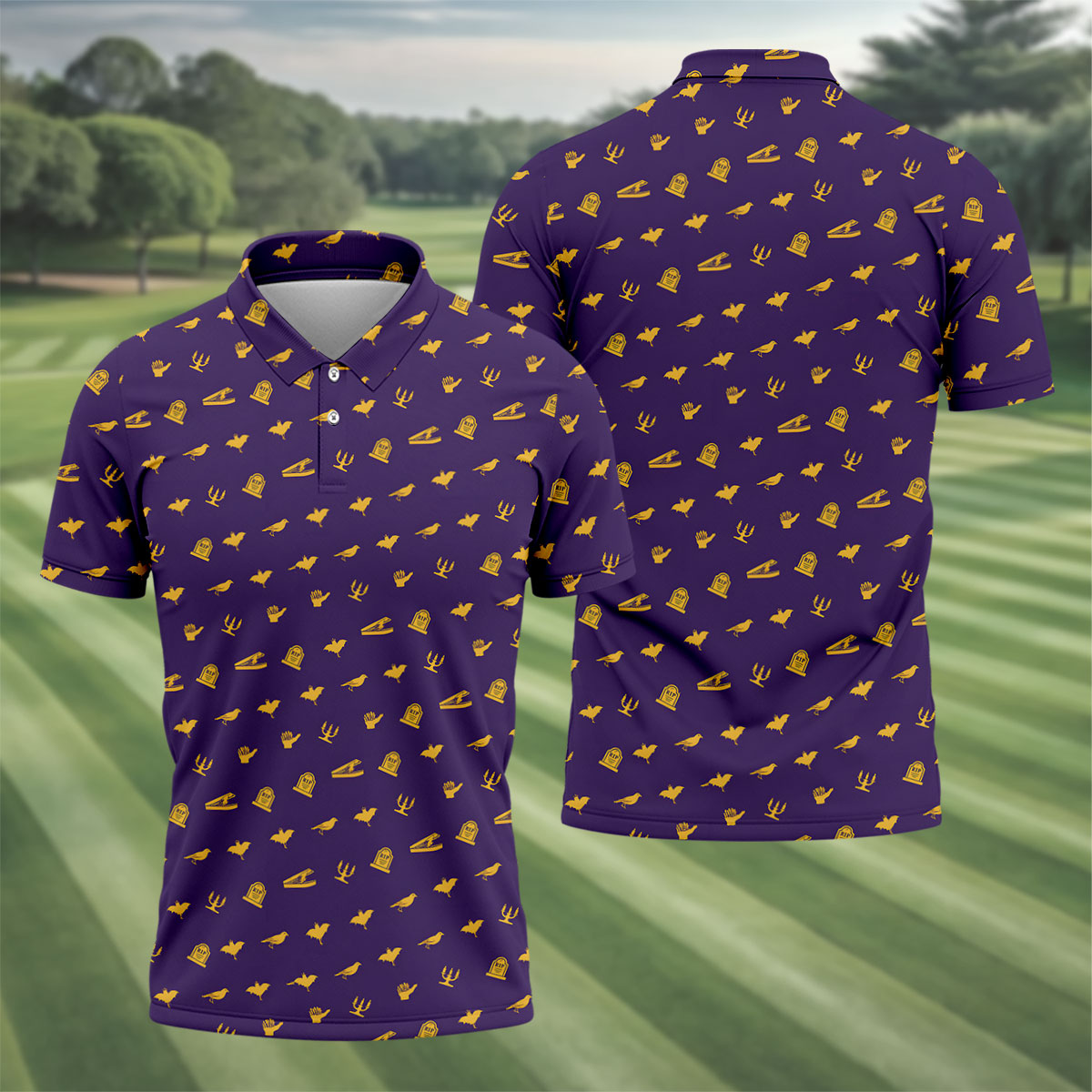 Purple Gravestone Bat Halloween Pattern Polo Shirt, Golf Shirts For Men, Mens Polo Shirts