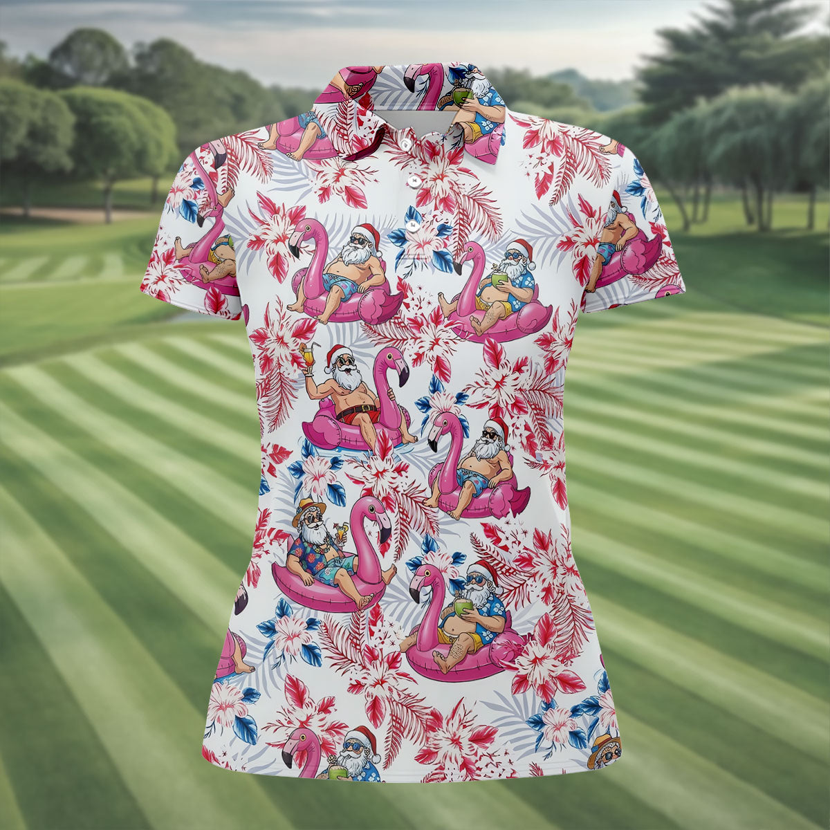 Funny Tropical Santa Flamingo Christmas Polo Shirt, Womens Golf Polo, Hawaiian Golf Shirt